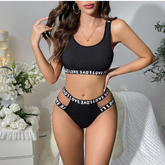 Sexy Women's 2 Piece Love Letter Print Ribbed Knit Lingerie Set Bra and Panty US - Picture 5 of 10